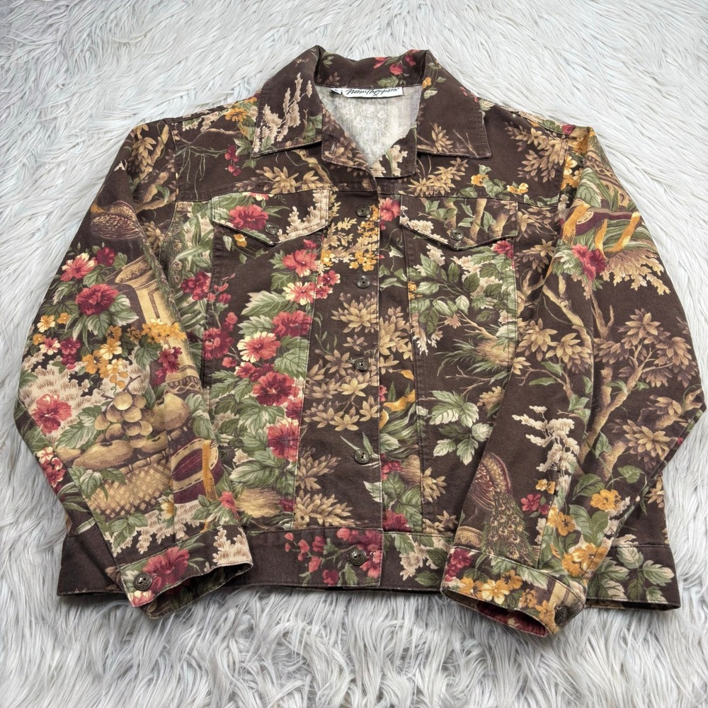 Norm Thompson Women's L Brown Floral Peacock Twill Jacket Art Deco Artsy
